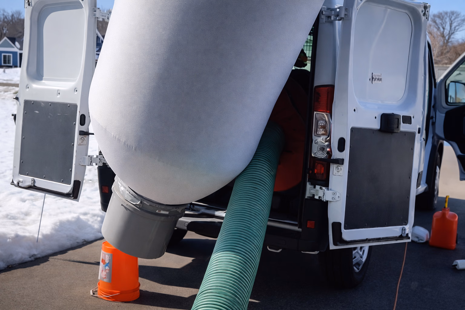 Large hose connected to equipment inside the back of a white van with open doors, set on a snowy driveway.