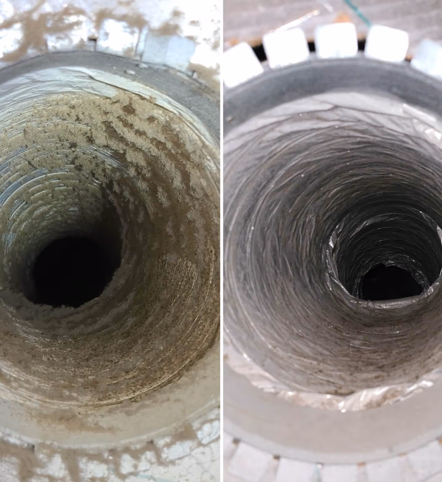 Side-by-side comparison of the inside of a ventilation duct, showing a dirty duct on the left and a clean duct on the right.