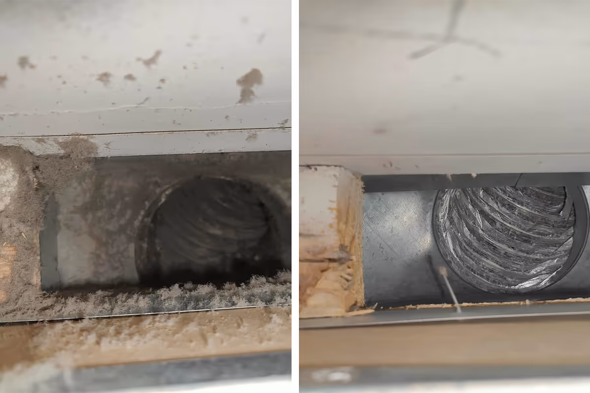 Side-by-side comparison of an air duct before and after cleaning, showing dust and debris removed from the duct interior.