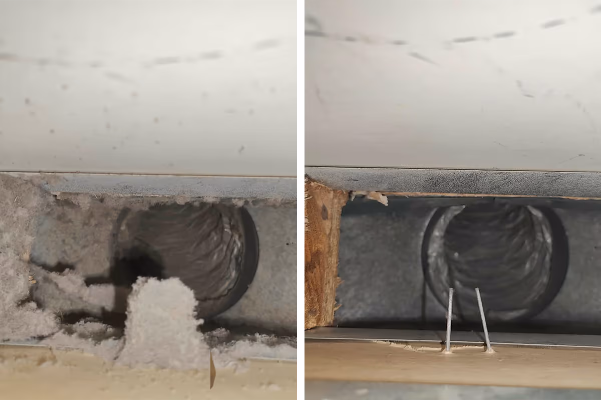 Side-by-side comparison of a dusty, debris-filled air duct before and cleaned air duct after removal of dust and debris.