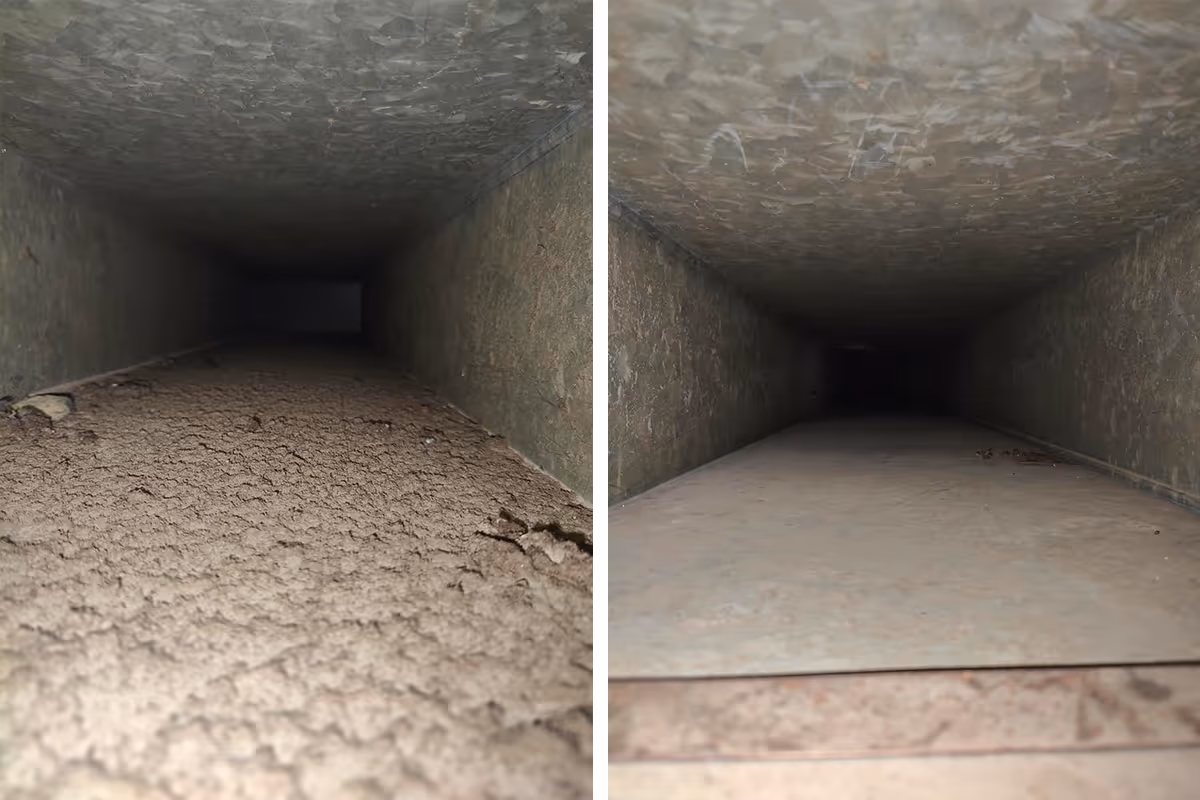 Side-by-side comparison of a narrow duct interior before and after cleaning, showing heavy dust buildup on the left and a clean surface on the right.